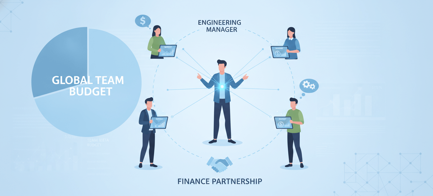 An illustration depicting an engineering manager delegating software budget responsibility to team leads, fostering a culture of ownership and accountability. Team leads are shown with individual budget dashboards, emphasizing transparency, data-informed decisions, and collaborative budget reviews to optimize resource allocation.