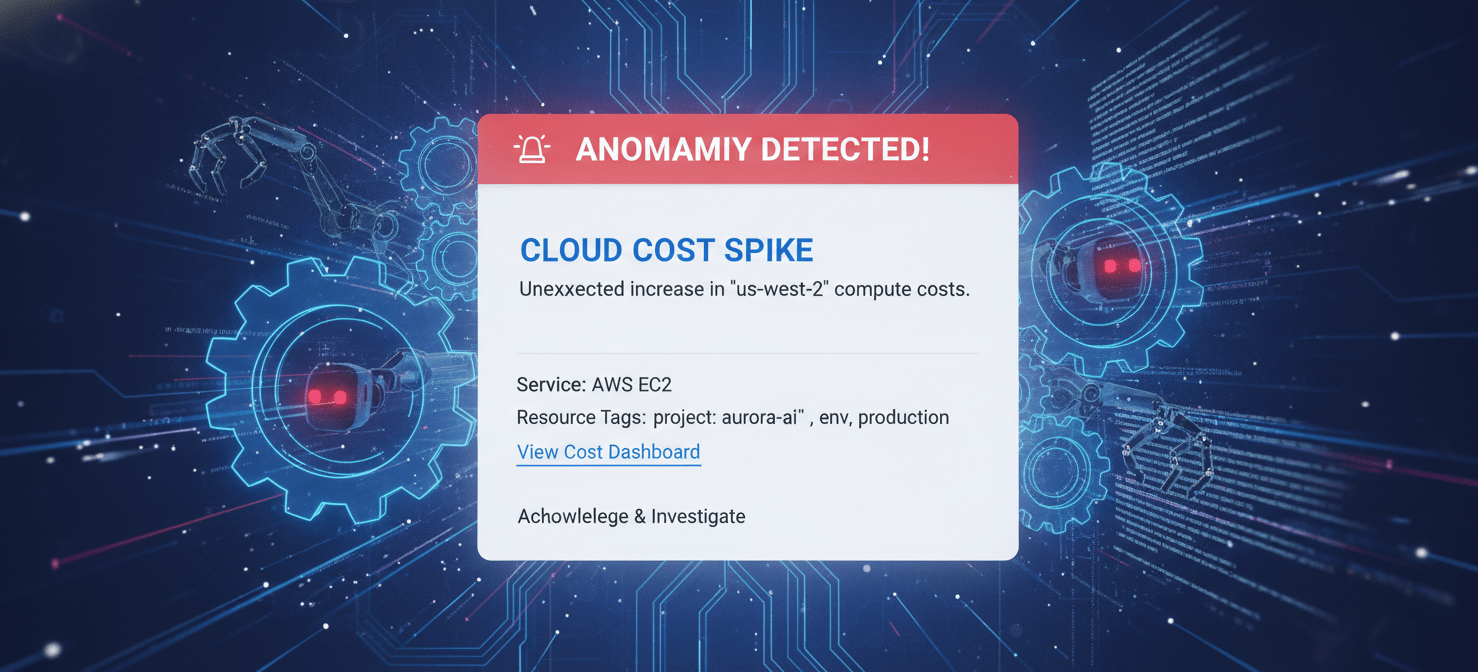 An illustration depicting automated anomaly detection, showing a detailed alert notification for a cloud cost spike delivered to a team's communication channel, complete with context and a link to investigate.
