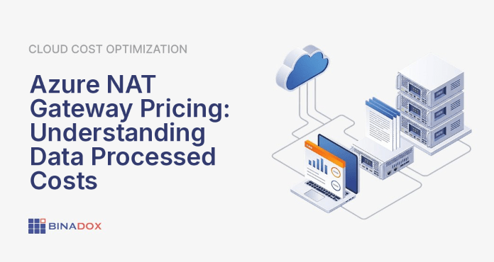 An illustration depicting Azure NAT Gateway pricing, showing how virtual machines in a private subnet connect to the internet via a NAT Gateway, with separate meters for the fixed hourly resource cost and the variable data processed cost, highlighting the two main components of the service's billing structure.