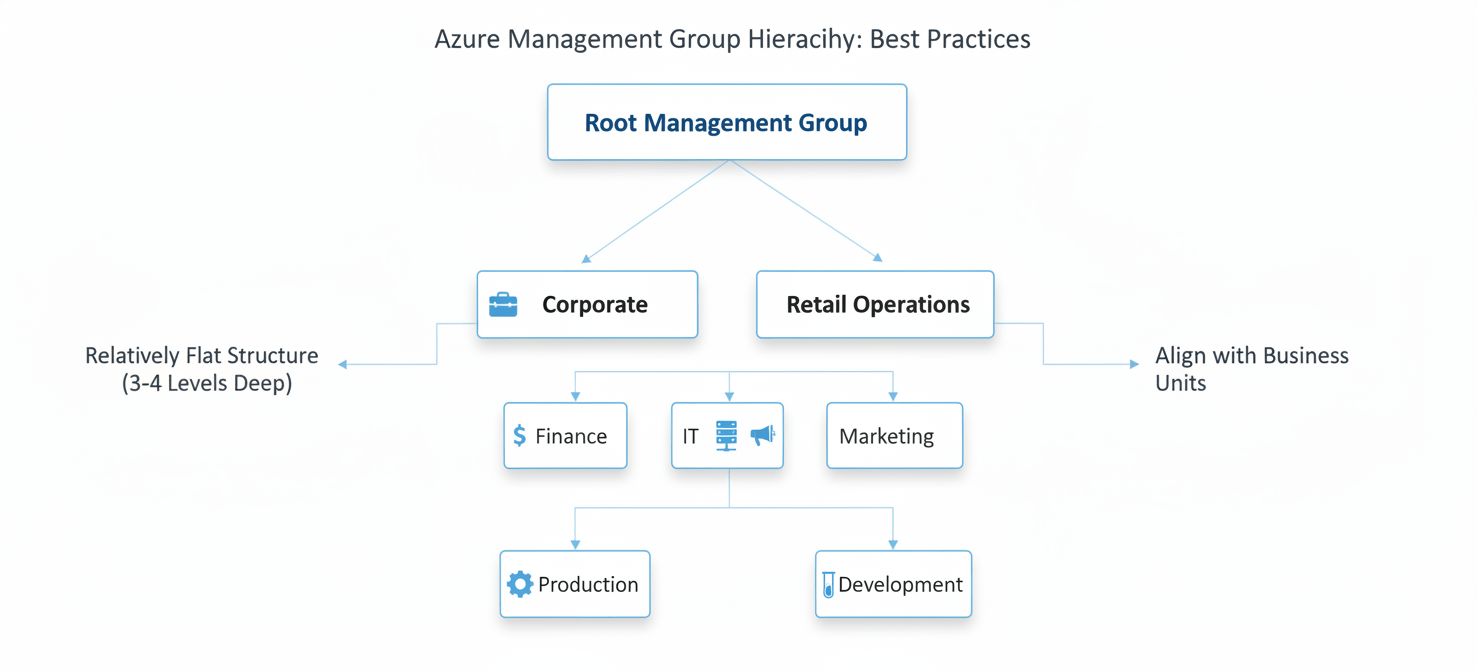 An illustration depicting best practices for structuring Azure Management Groups, showing a hierarchy aligned with organizational departments and separating production from non-production environments, while maintaining a relatively flat structure for effective cost control.