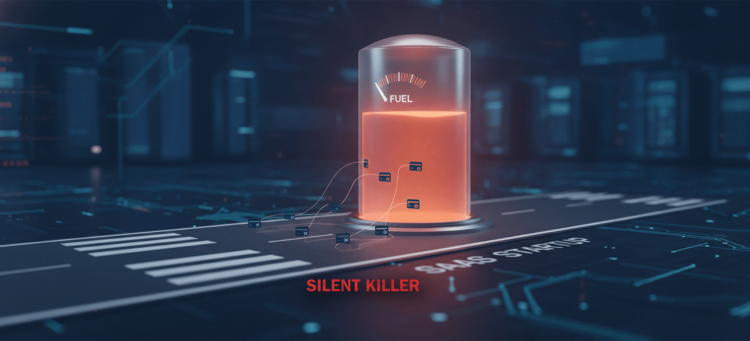 An illustration depicting chargebacks as silent leaks draining a SaaS startup's monthly recurring revenue (MRR) fuel tank, highlighting how these disputes can erode financial runway and threaten growth without immediate obvious signs.