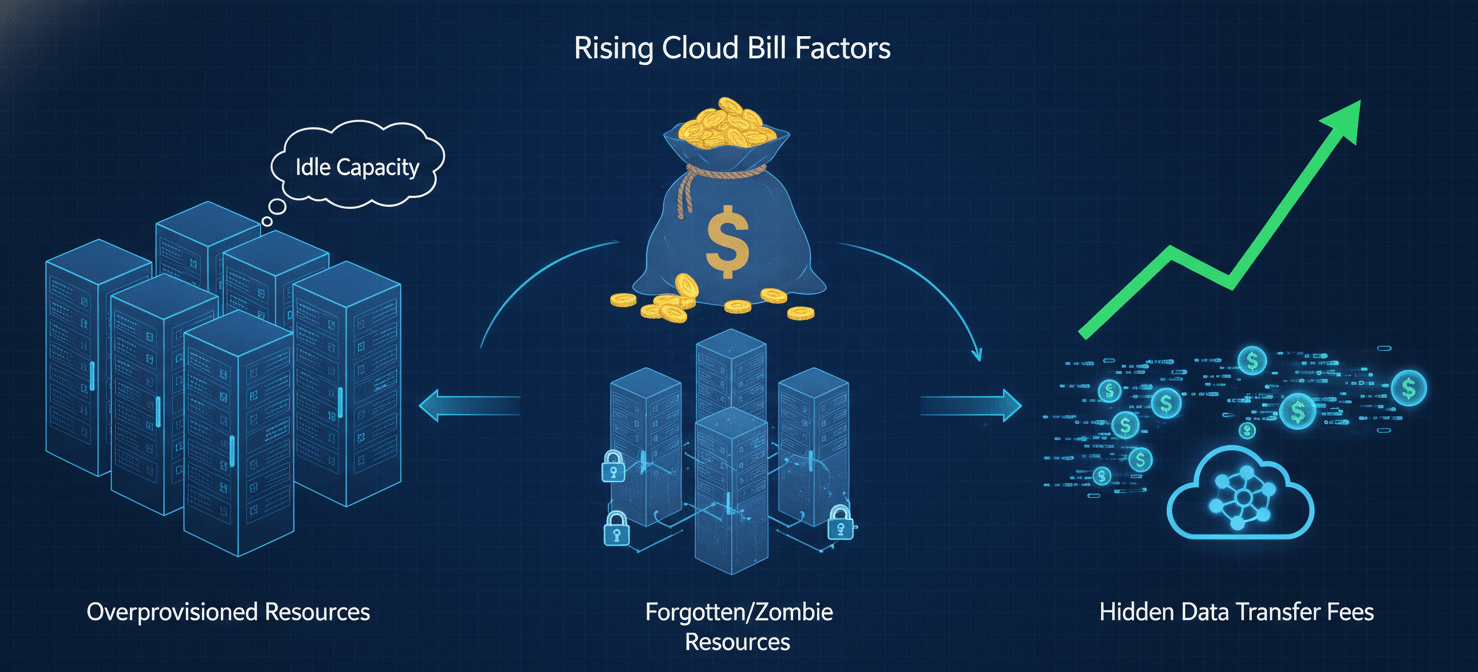 An illustration depicting common causes of cloud bill spikes: overprovisioned resources, forgotten 'zombie' servers, and unexpected data egress fees, all contributing to an escalating cost graph.