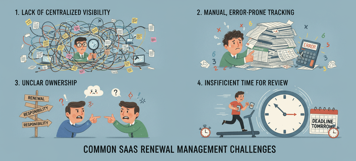 An illustration depicting common challenges in managing software renewals, such as scattered information, manual tracking errors, ambiguous ownership, and insufficient time for proper review.