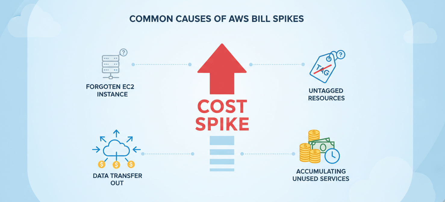 An illustration depicting common reasons for an AWS bill spike, including untagged resources, forgotten instances, and high data egress costs, visually represented by distinct icons contributing to a rising cost graph.