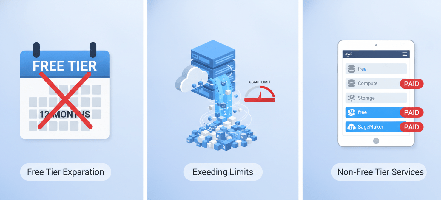 An illustration depicting common reasons for unexpected cloud charges, including a calendar marking the end of a 12-month free tier period, a server icon overflowing with data representing exceeded usage limits, and a list of cloud services with some marked as paid, indicating non-free tier services.