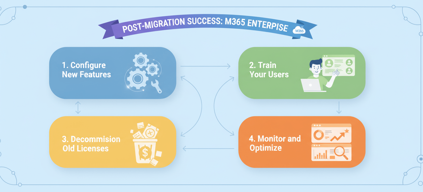 An illustration depicting essential post-migration steps for Microsoft 365 Enterprise. It includes icons for 'Configure New Features' (gears), 'Train Your Users' (person with laptop), 'Decommission Old Licenses' (crossed-out dollar sign), and 'Monitor and Optimize' (analytics dashboard), emphasizing the ongoing tasks required after a successful license transition.