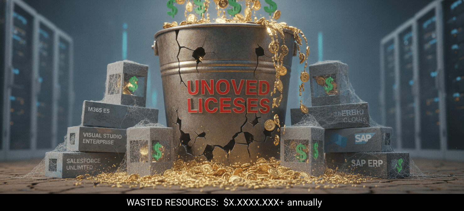 An illustration depicting financial waste from unused software licenses, showing money flowing into a leaky bucket labeled 'Unused Licenses' and spilling out. Dusty software boxes for M365 E5 and Visual Studio Enterprise subscriptions symbolize 'shelfware,' highlighting the high cost of unmanaged licenses for engineering teams.