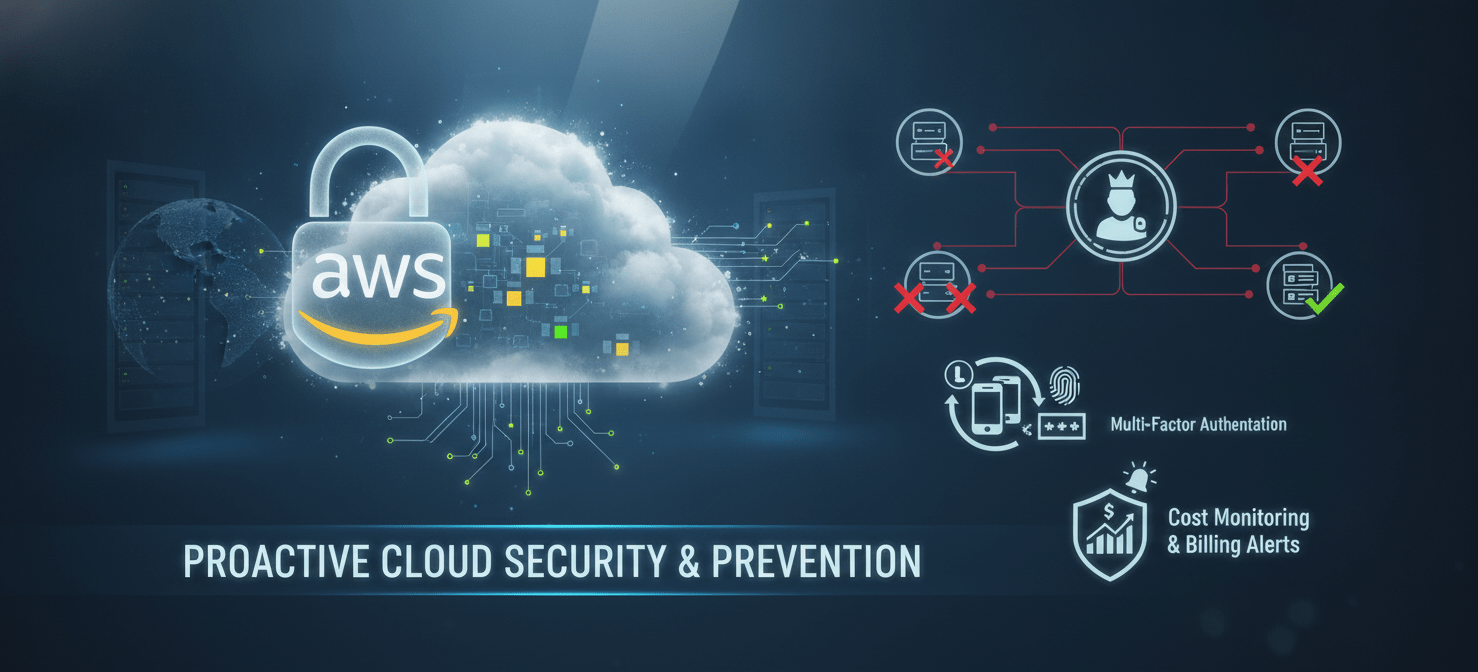 An illustration depicting key AWS security best practices, including a padlock over the AWS logo, a visual representation of the principle of least privilege, a multi-factor authentication (MFA) icon, and a shield protecting a billing alert graph. This image emphasizes the importance of proactive measures to prevent future account compromises and secure cloud resources.