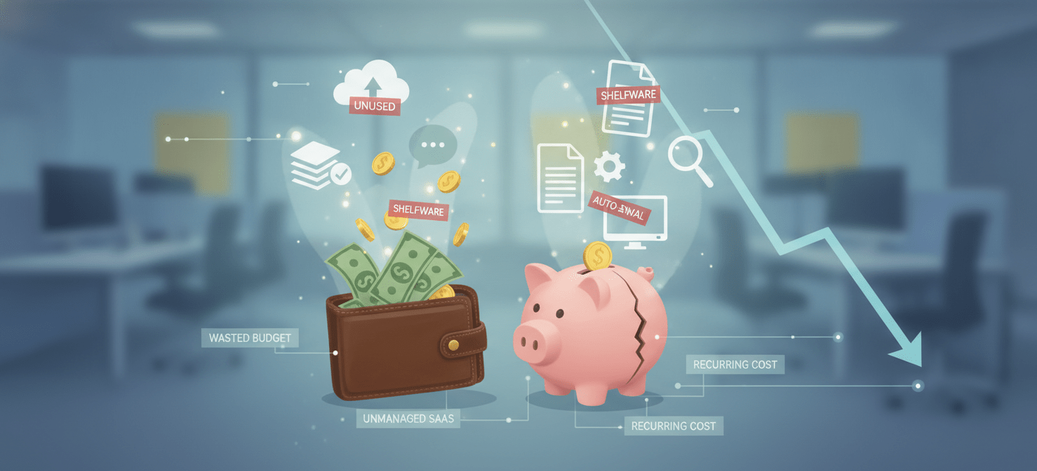 An illustration depicting money being wasted, with coins and bills escaping a digital wallet, surrounded by generic software application icons. Some icons are faded or marked 'unused,' symbolizing the financial drain and operational risks associated with unmanaged software subscriptions and forgotten auto-renewals.