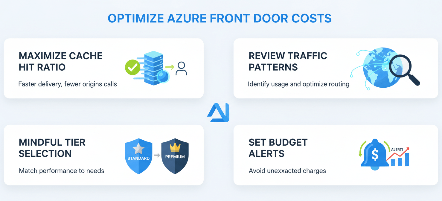An illustration depicting practical tips for optimizing Azure Front Door costs. Visual elements include maximizing cache hit ratio for efficient content delivery, regularly reviewing geographic traffic patterns, making informed decisions about tier selection (Standard vs. Premium), and implementing budget alerts for proactive cost management within Azure Cost Management.