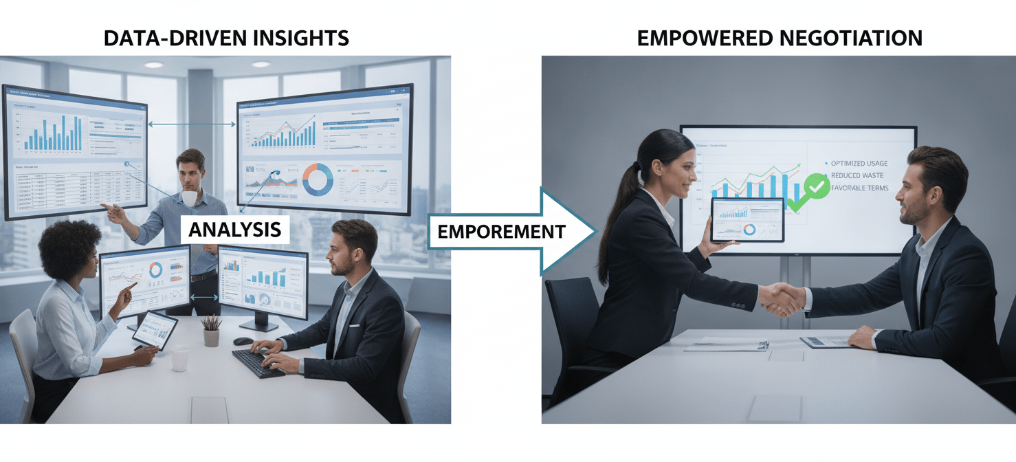 An illustration depicting proactive optimization and negotiation. One side shows a FinOps team analyzing detailed usage data and optimization opportunities, while the other side shows a FinOps lead confidently negotiating with a vendor, leveraging data-driven insights for a strategic vendor cost management agreement.
