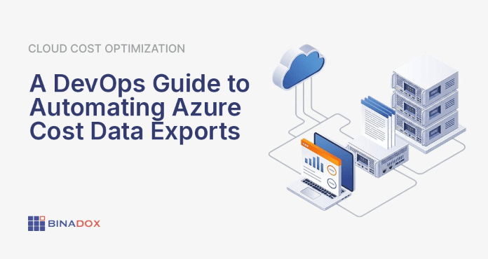 An illustration depicting the automated flow of Azure cost data from cloud services through a pipeline of gears and data streams to a DevOps dashboard, providing real-time analytics and alerts. A DevOps engineer reviews the insights. This visual emphasizes the process to automate Azure cost data export for proactive cost management.