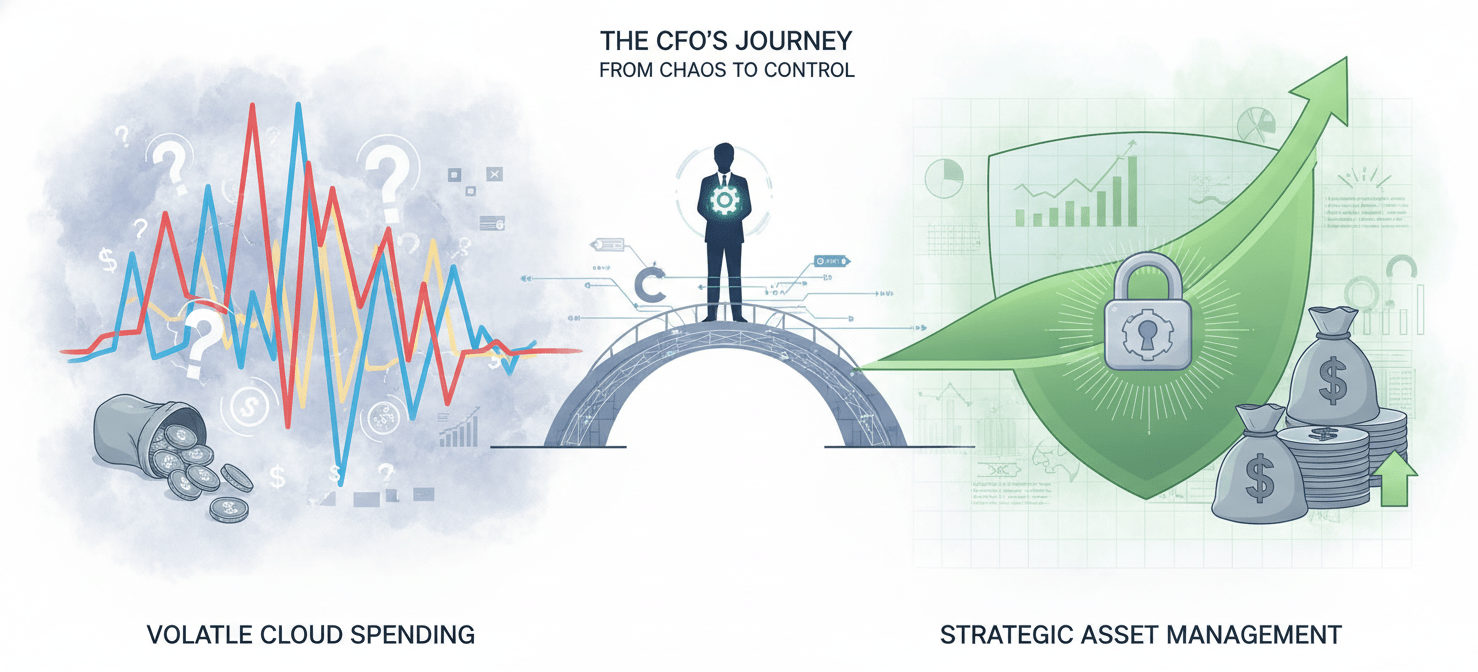 An illustration depicting the CFO's challenge: transforming volatile, unpredictable cloud expenditures into a predictable, controlled financial asset. One side shows chaotic cost spikes, while the other displays stable, managed spending, highlighting the shift from reactive accounting to proactive financial strategy.