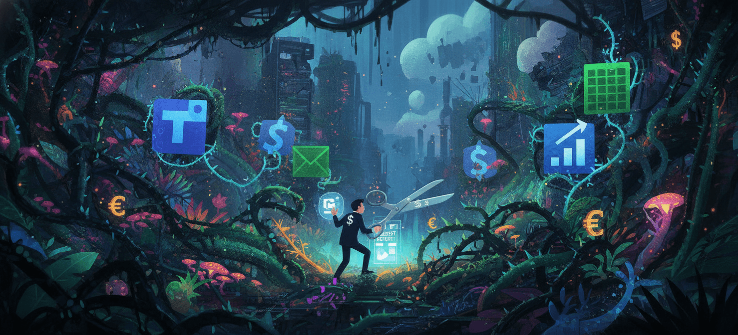 An illustration depicting the challenge of Microsoft 365 sprawl, showing various M365 app icons tangled in an overgrown digital garden, with a finance manager attempting to bring order and control to the complex ecosystem.