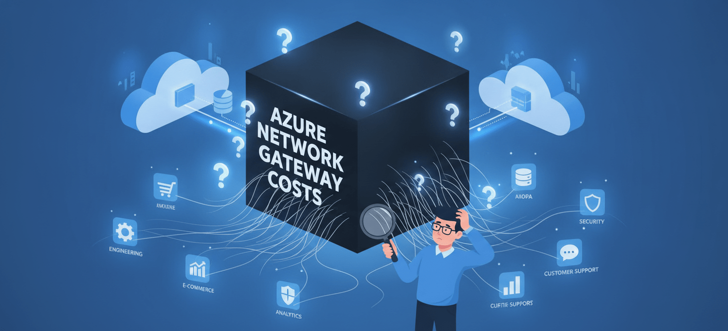 An illustration depicting the challenge of shared network gateway costs in Azure. A central, opaque cost box for network gateways is shown, with many applications connected, highlighting the difficulty for FinOps leads to accurately attribute these shared expenses.