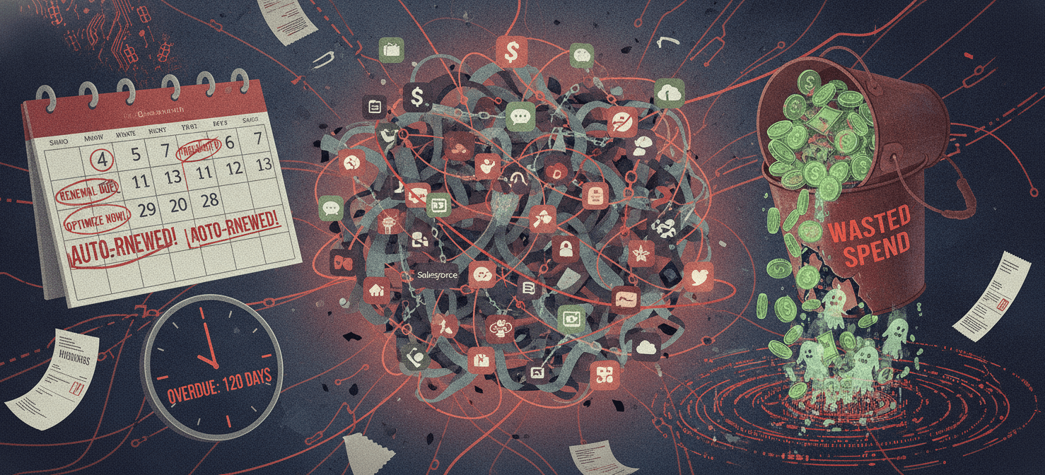 An illustration depicting the chaos and financial drain of neglected SaaS renewals, showing overlapping software icons, missed deadlines, and money being wasted due to inefficient management.