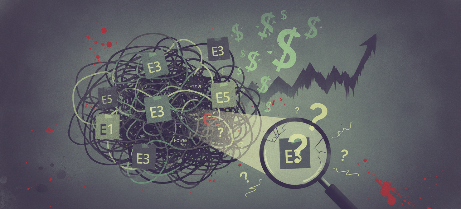 An illustration depicting the common challenge of hidden and spiraling Microsoft 365 costs. Various M365 license icons are shown in a disorganized, overlapping manner, with money symbols appearing to leak out, representing wasted expenditure. A rising cost graph in the background further emphasizes the uncontrolled growth of spending due to a lack of clear visibility into license utilization and feature consumption within large organizations.