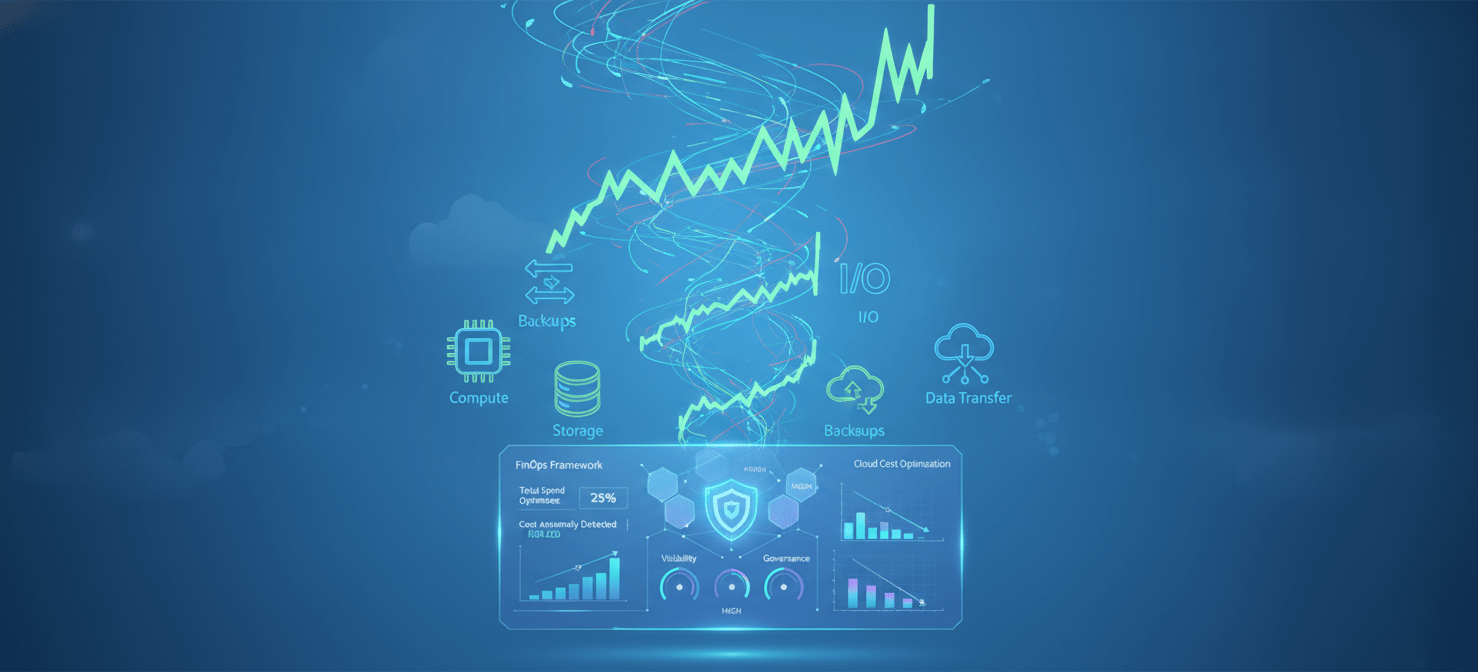 An illustration depicting the common drivers of uncontrolled Amazon Aurora costs, such as overprovisioned instances, suboptimal storage, high I/O, idle resources, and snapshot accumulation, shown as upward-trending, chaotic lines. A FinOps dashboard or control panel is positioned to bring these diverse cost vectors under management, emphasizing visibility and accountability for FinOps leads.