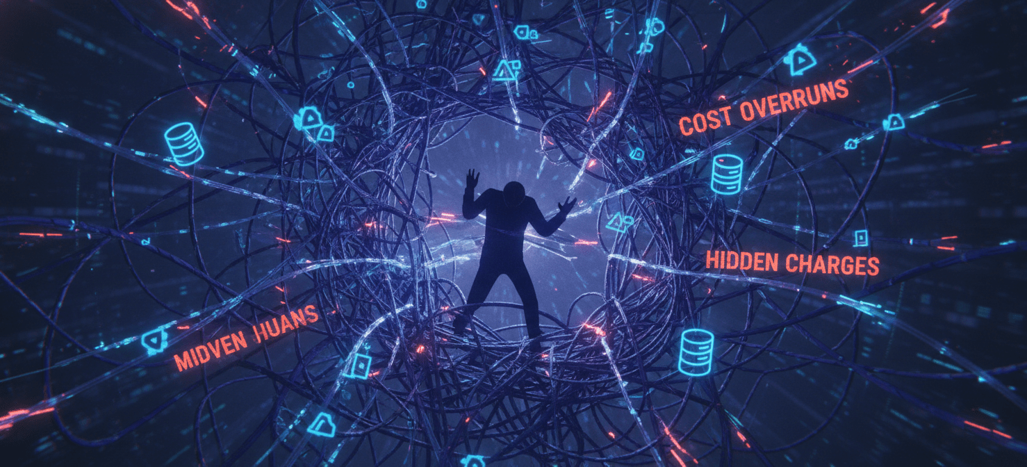 An illustration depicting the complexity of Azure cost management, showing a tangled network of cloud services, pricing models, and unallocated resources leading to potential cost overruns and lack of visibility. It highlights the challenges organizations face in controlling their cloud expenses.