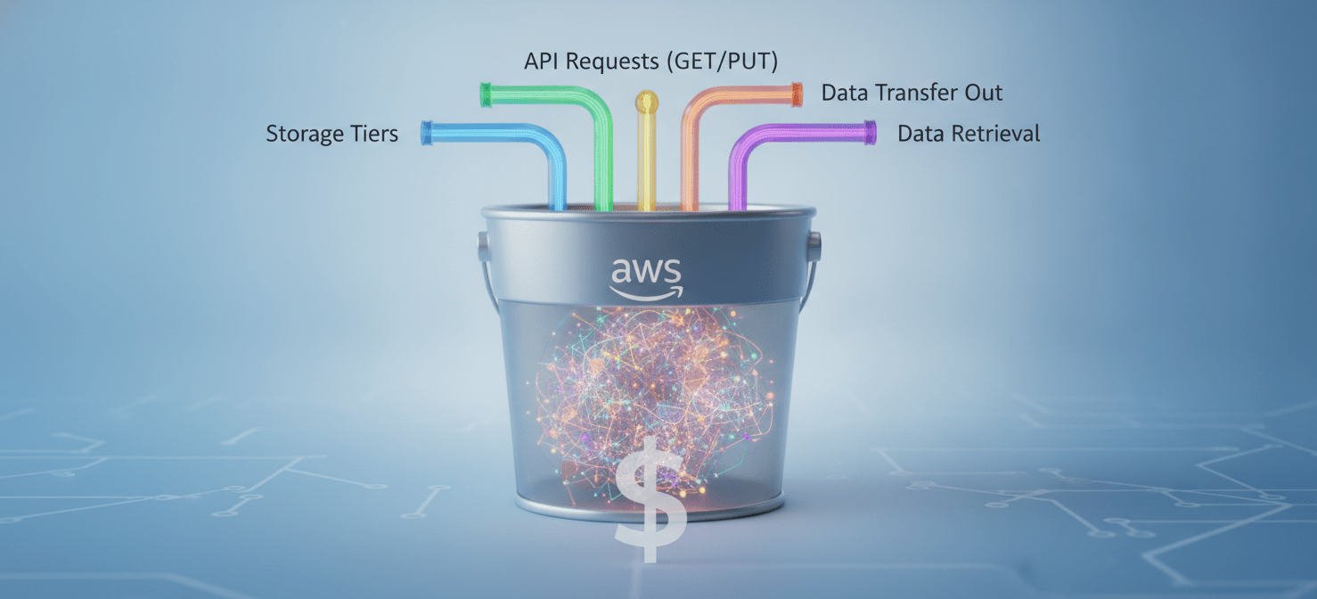 An illustration depicting the complexity of S3 costs, showing a single S3 bucket fed by multiple cost streams like storage tiers, API requests, data transfer, and retrieval, making individual cost attribution challenging.