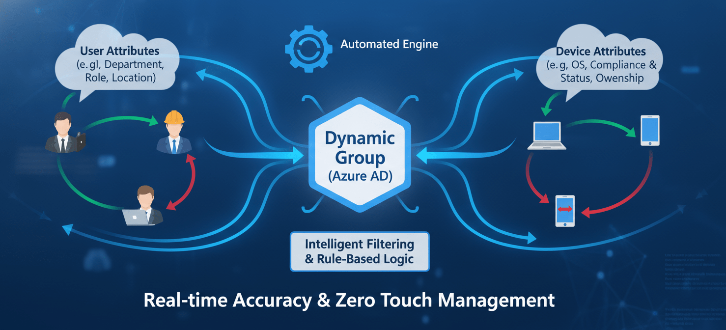 An illustration depicting the concept of dynamic groups in Azure AD, showing how user and device attributes automatically manage group membership. This visual emphasizes how dynamic groups ensure accurate and automated license assignments, preventing manual errors and improving MDM license tracking.