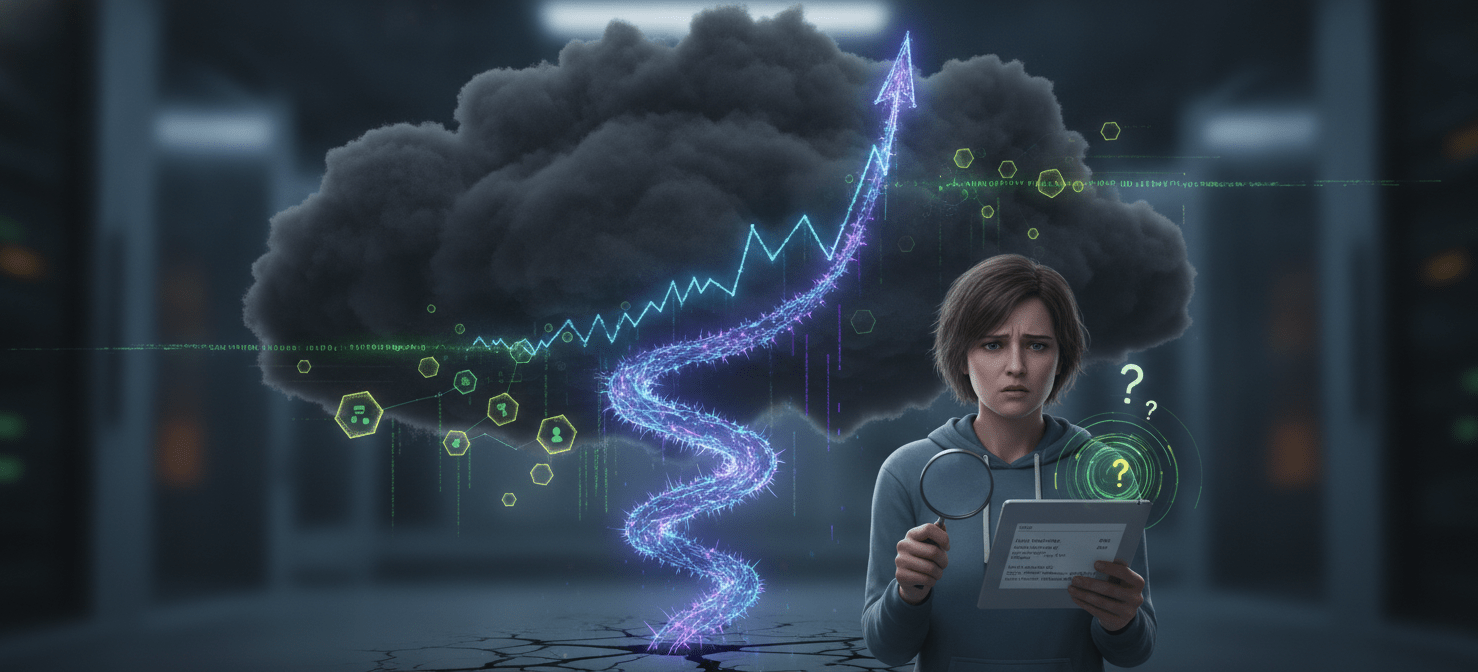 An illustration depicting the financial blind spot in LLM cost management, showing a rapidly escalating cost graph obscured by a fog, symbolizing the lack of visibility. An engineering manager looks puzzled at a generic bill, highlighting the difficulty in attributing specific LLM expenses without proper tools.