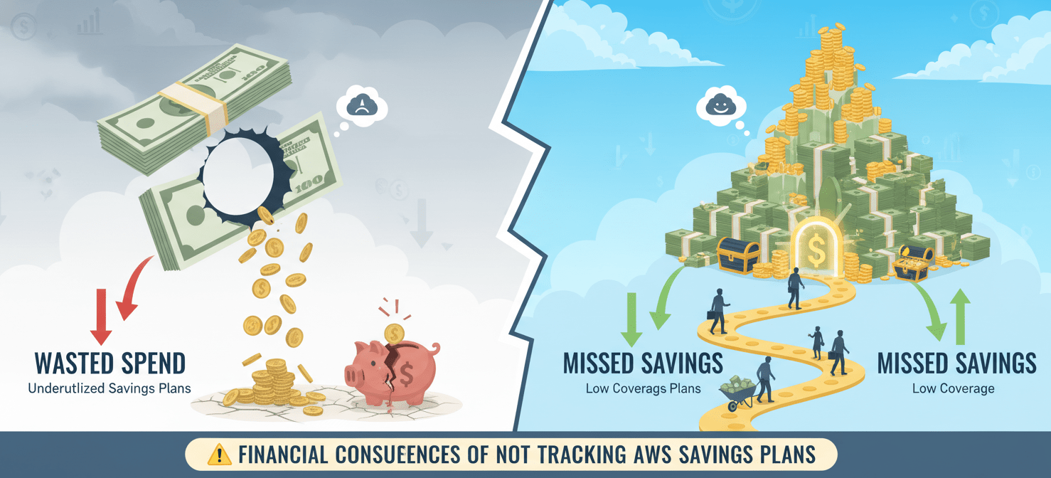 An illustration depicting the financial impact of not tracking AWS Savings Plan performance, showing wasted money from underutilization and missed savings opportunities from low coverage, emphasizing the importance of monitoring.