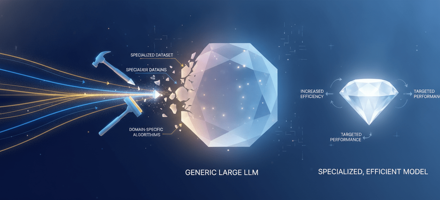 An illustration depicting the fine-tuning process for large language models. A general-purpose model is shown being refined and specialized using domain-specific data, transforming it into a smaller, highly efficient model tailored for particular tasks, which can significantly reduce inference costs compared to using larger, generalist models.