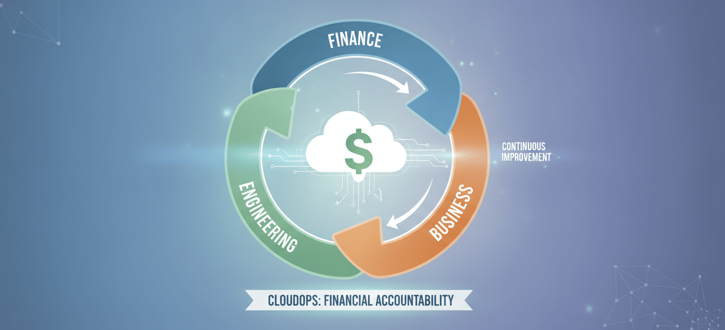 An illustration depicting the FinOps framework, showing finance, engineering, and business teams collaborating around cloud resources to achieve continuous azure cost optimization best practices and maximize business value from cloud investments.