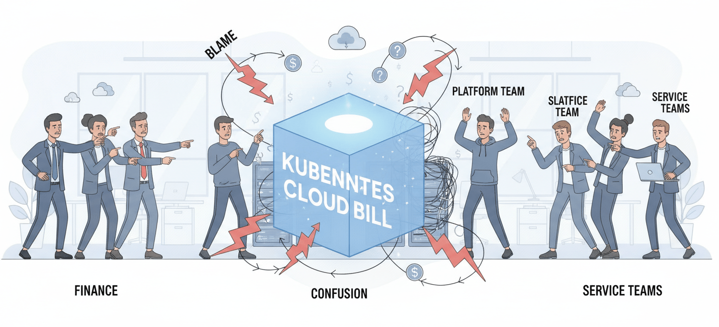 An illustration depicting the friction and confusion among Finance, Platform, and Service teams caused by an opaque Kubernetes cloud bill, highlighting the challenge of assigning accountability without clear cost visibility.