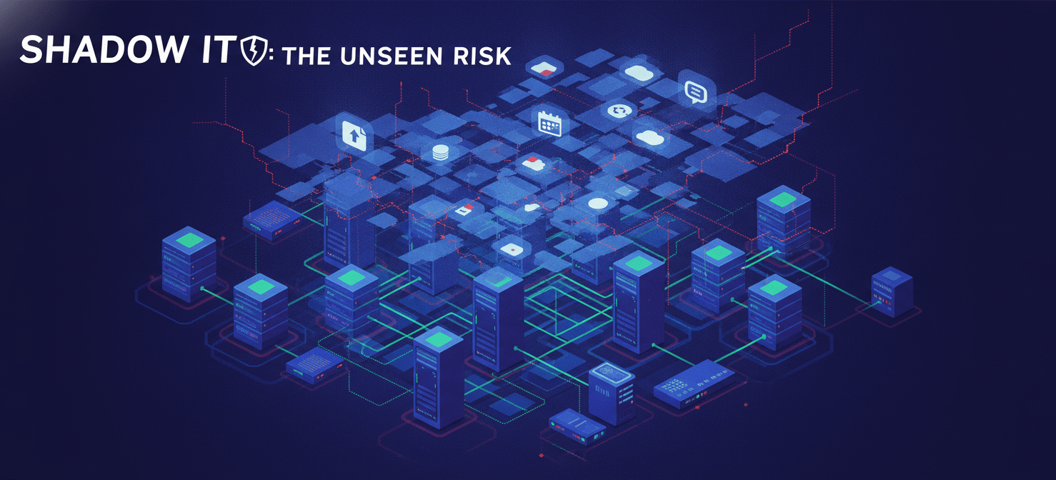 An illustration depicting the hidden dangers of shadow IT. A main, organized corporate network is overlaid with a chaotic, fragmented layer of unapproved cloud applications and services, symbolizing security vulnerabilities, data breaches, and compliance risks that arise from unmanaged technology usage.