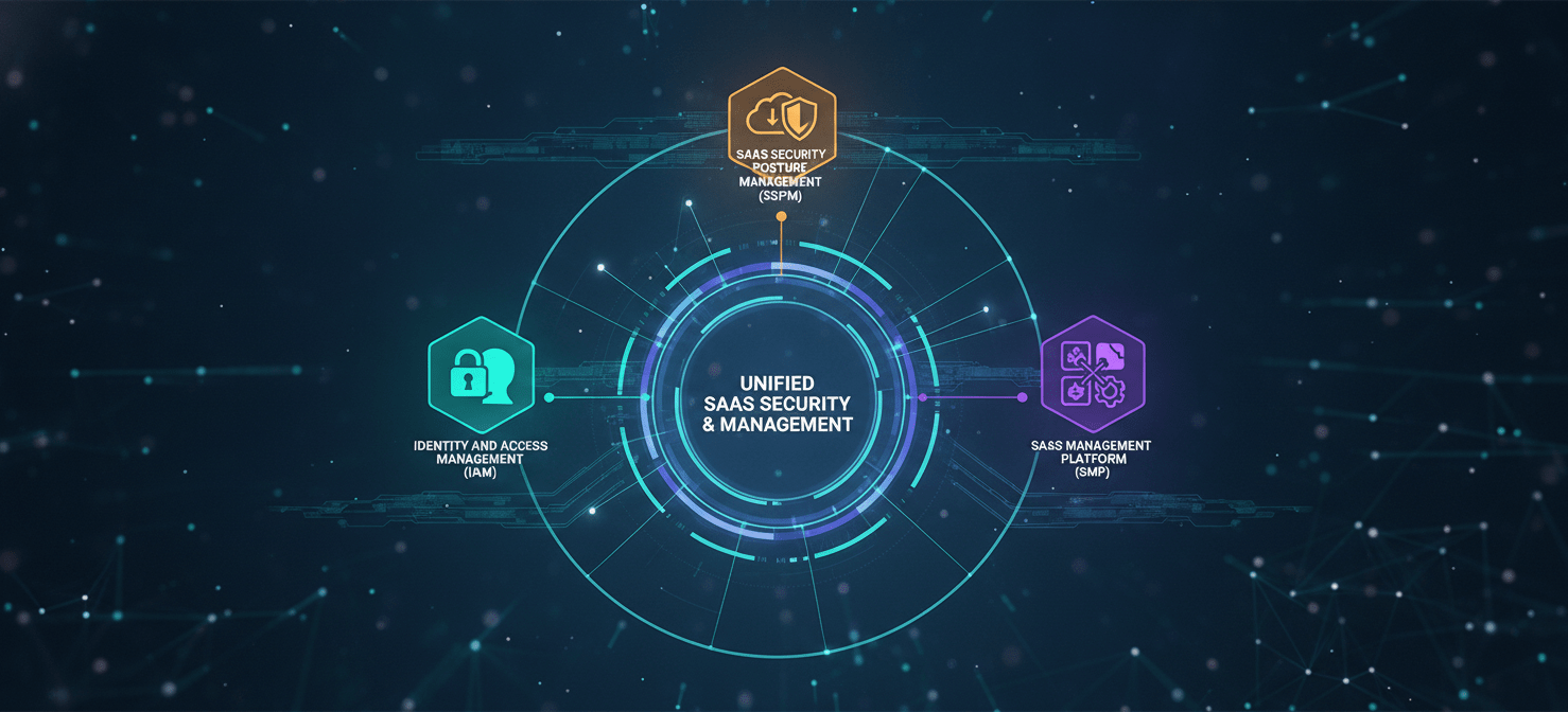 An illustration depicting the integration of various tools crucial for controlling SaaS access, including Identity and Access Management (IAM), SaaS Security Posture Management (SSPM), and SaaS Management Platforms (SMPs), working together to enforce a whitelisting policy.