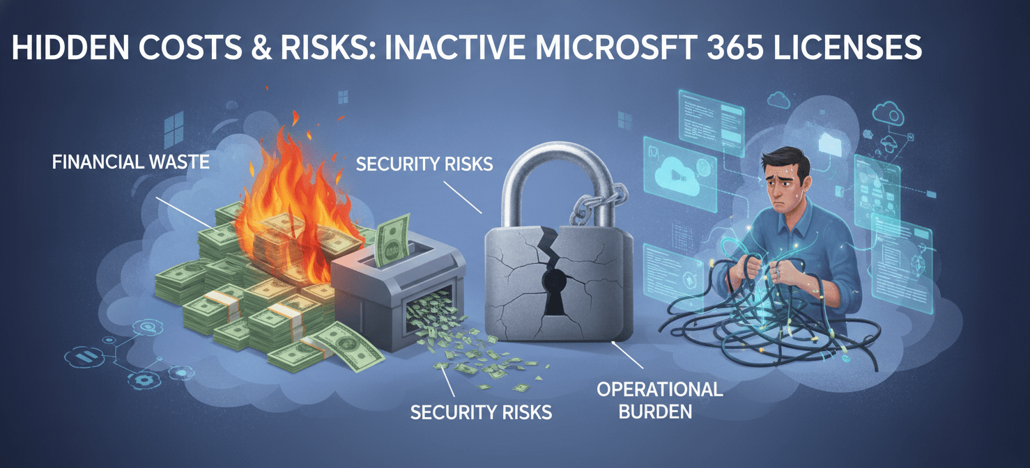 An illustration depicting the multi-faceted costs of inactive Microsoft 365 licenses. It shows money being wasted, a broken padlock symbolizing security vulnerabilities from dormant accounts, and a stressed IT professional overwhelmed by manual license management, highlighting financial, security, and operational burdens.