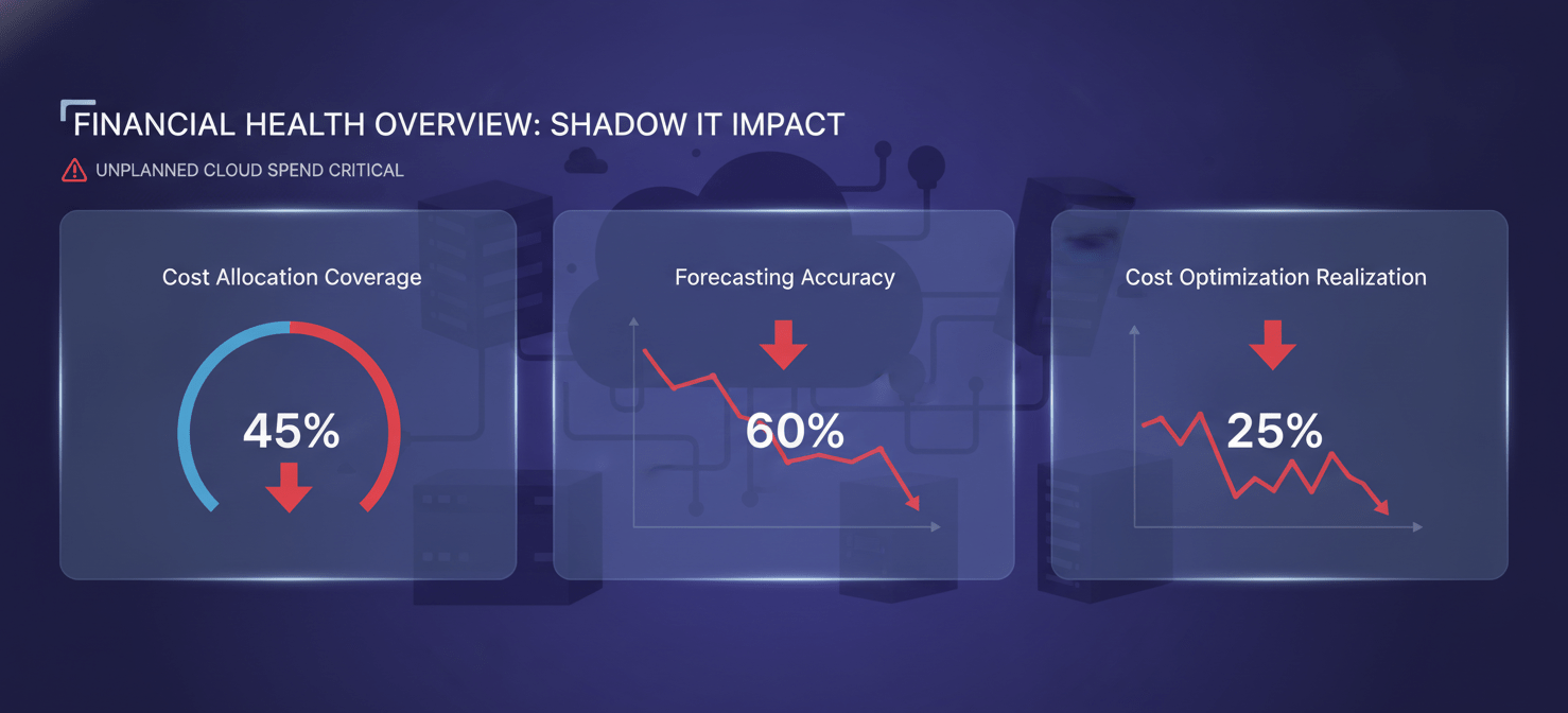 An illustration depicting the negative impact of shadow IT on key FinOps KPIs. A dashboard shows 'Cost Allocation Coverage' at a low percentage, 'Forecasting Accuracy' with a downward trend, and 'Cost Optimization Realization' indicating missed opportunities. Subtle, unidentifiable cloud resources lurk in the background, symbolizing the hidden spend that undermines financial oversight and makes accurate chargeback and showback impossible for FinOps teams.