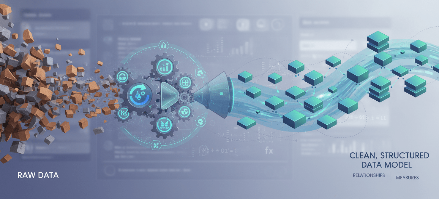 An illustration depicting the process of ingesting and modeling raw cost data into a structured format within a BI tool, showing data cleansing, relationship building, and the creation of calculated measures for FinOps analysis.