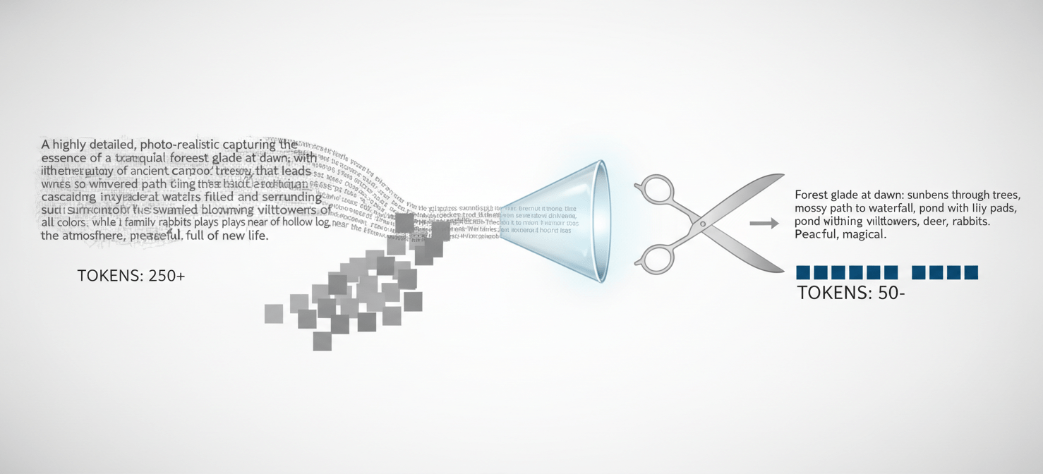 An illustration depicting the process of prompt optimization, where a lengthy, verbose prompt is refined and condensed into a shorter, more efficient version. This visual metaphor highlights how trimming unnecessary words and controlling output length directly reduces token usage and associated costs.