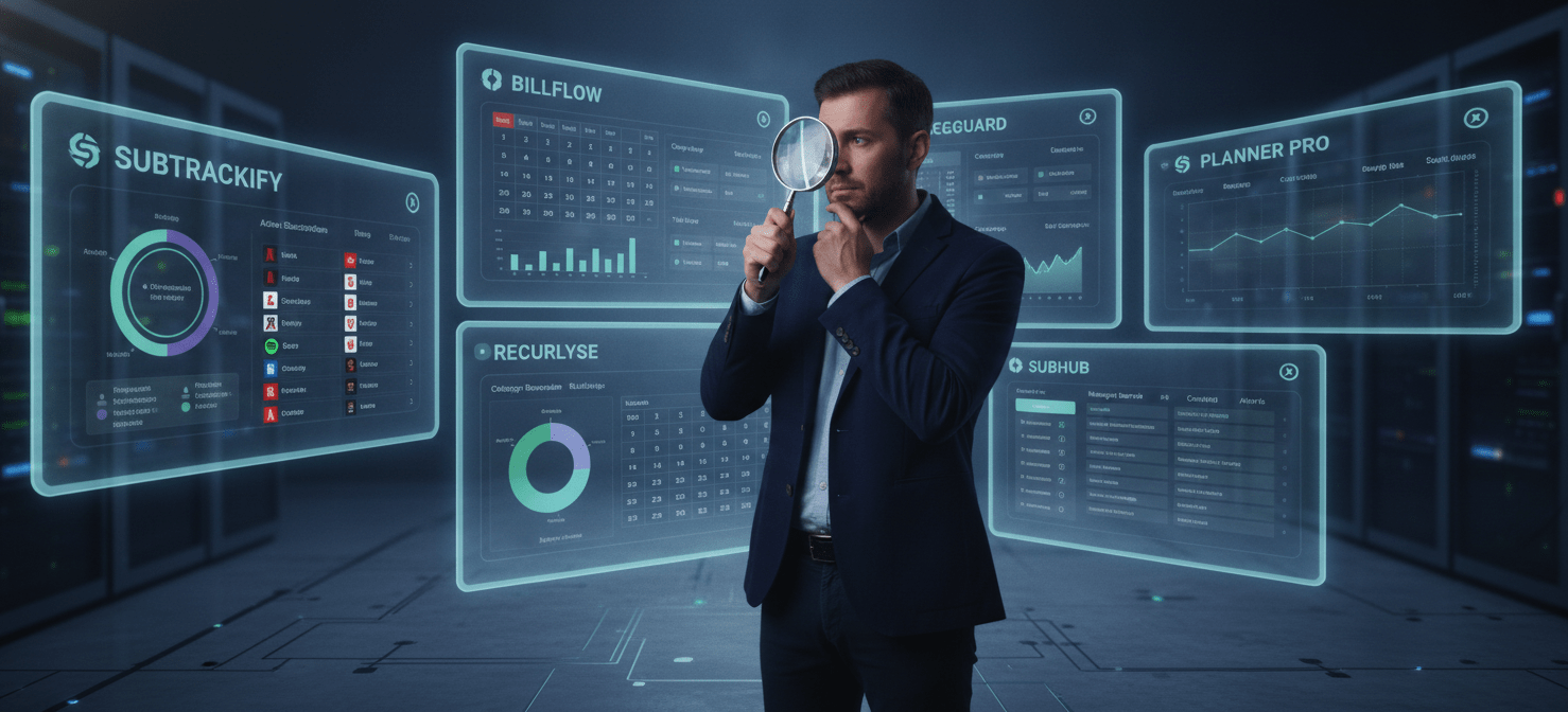 An illustration depicting the process of selecting a subscription management tool, showing a person evaluating multiple SaaS platform dashboards, emphasizing the need to consider core features like automated discovery, spend analytics, and renewal management.