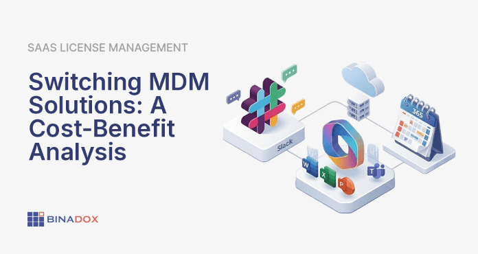 An illustration depicting the strategic decision of switching MDM solutions for cost savings and improved efficiency. An old, inefficient MDM gear is being replaced by a new, modern, and cost-effective MDM gear, symbolizing a smooth transition towards better device management and reduced operational expenses.