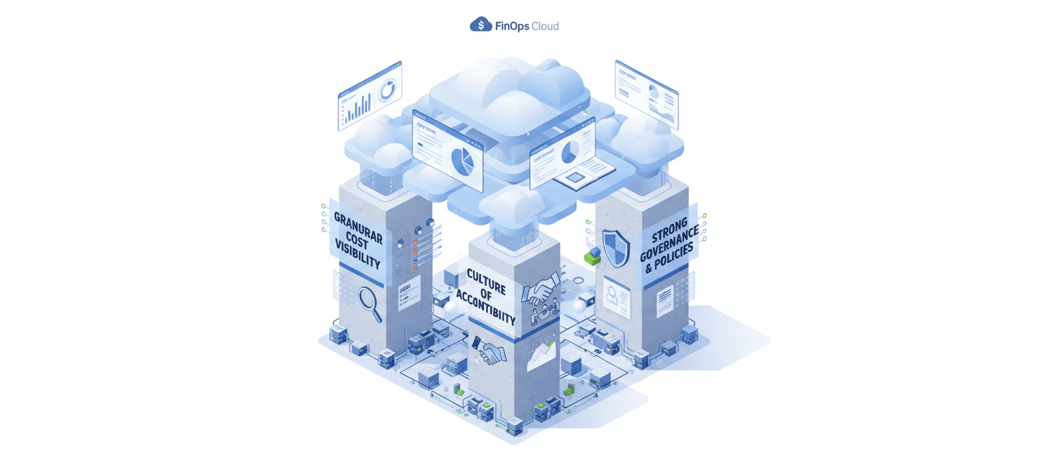 An illustration depicting the three core pillars of effective FinOps for Kubernetes: Granular Cost Visibility, a Culture of Accountability, and Strong Governance and Policies. These pillars are shown supporting an optimized cloud environment, emphasizing their foundational role in managing containerized infrastructure costs.