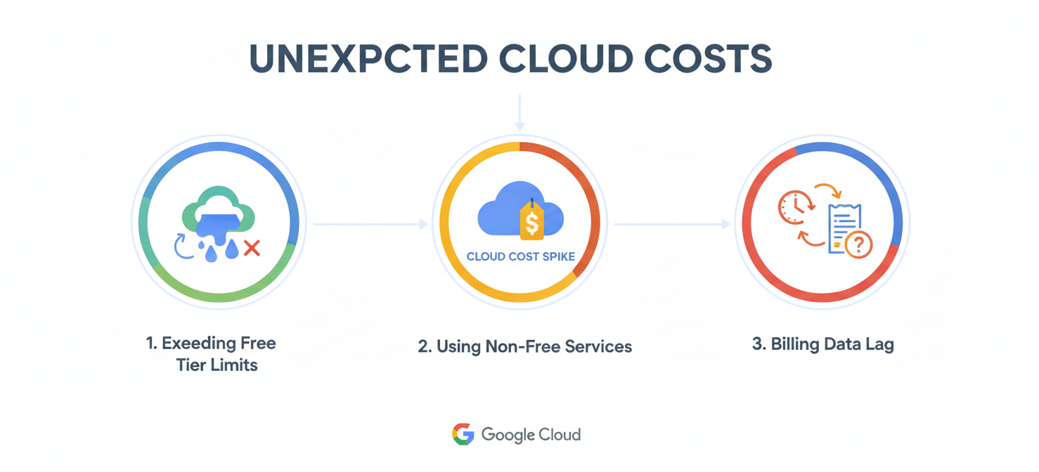An illustration depicting the three main reasons for unexpected Google Cloud Platform costs: exceeding free tier limits, using services not covered by the free tier, and delays in billing data reporting. Each reason is visually represented to show how costs can accumulate unknowingly.