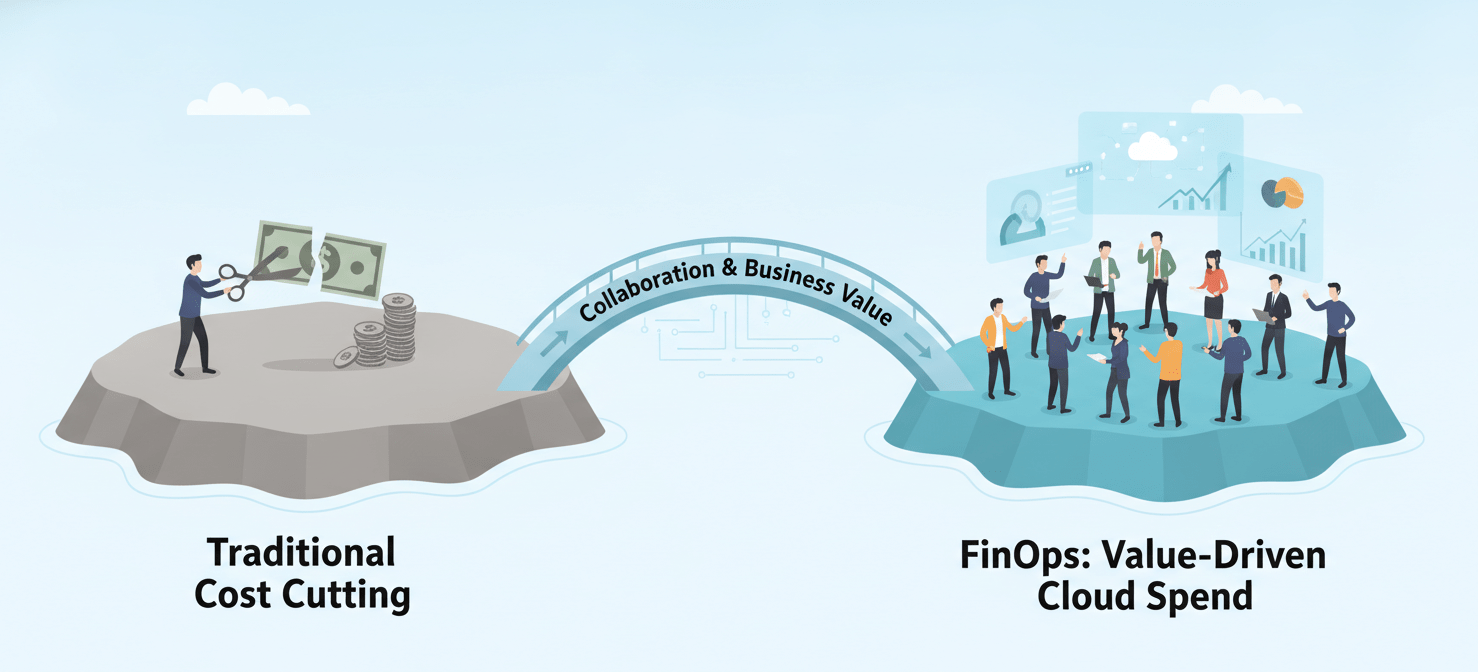 An illustration depicting the transition from traditional cost cutting to a FinOps approach. It shows a bridge of 'Collaboration & Business Value' connecting 'Traditional Cost Cutting' (isolated action) with 'FinOps: Value-Driven Cloud Spend' (collaborative, data-driven optimization). This highlights the FinOps imperative to align technology spending with business objectives.