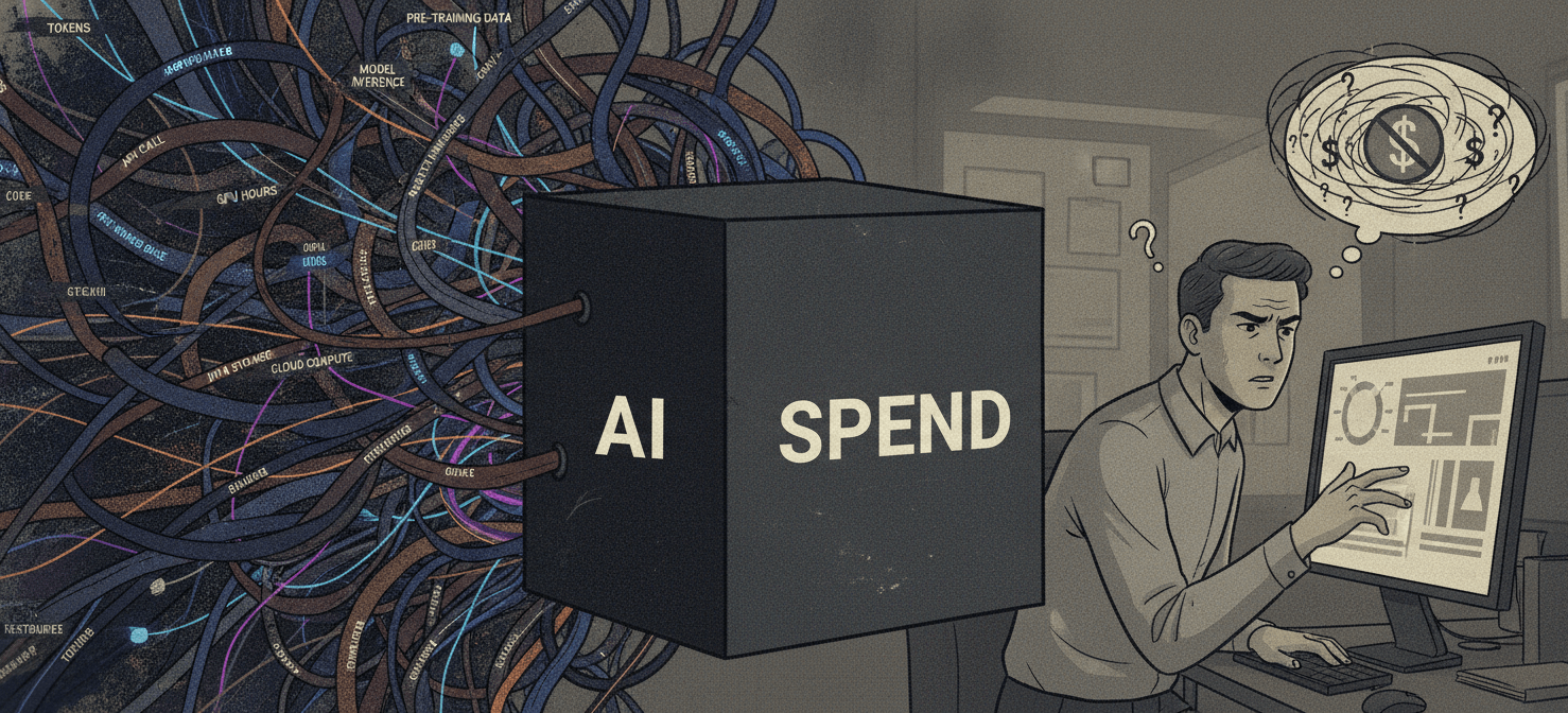 An illustration depicting the unique challenges of managing AI spend, showing a complex, interconnected web of AI consumption metrics like tokens, GPU hours, and API calls feeding into an opaque cost black box. A FinOps analyst is shown looking perplexed at a financial report, symbolizing the difficulty in attributing and forecasting these volatile expenses.