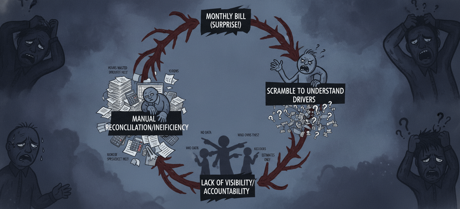 An illustration depicting the vicious cycle of reactive cost management, starting with unexpected monthly bills, leading to a scramble for understanding, poor visibility and accountability, and inefficient manual reconciliation, perpetuating the cycle.