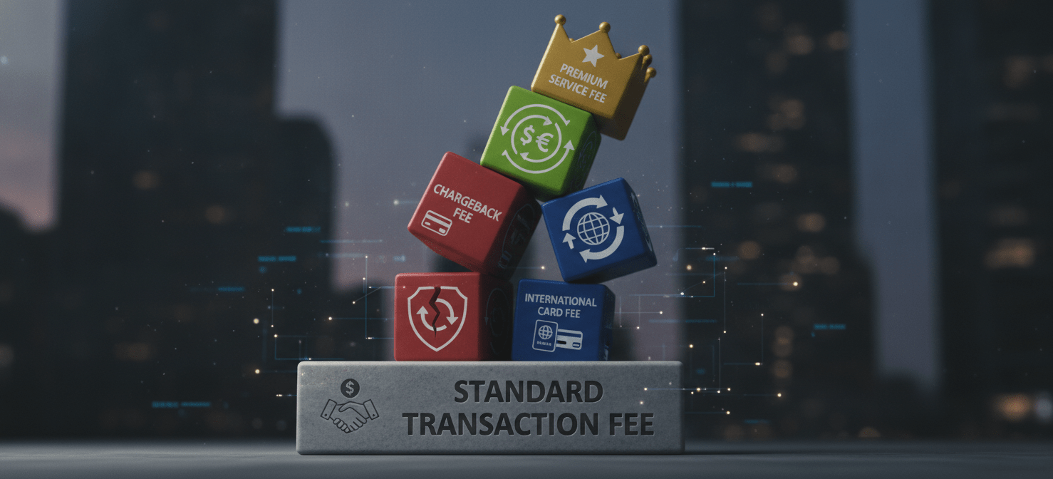 An illustration depicting various types of payment processing fees, such as chargeback, international, and premium service fees, stacking up on top of a standard transaction fee, visually explaining how costs can quickly escalate.