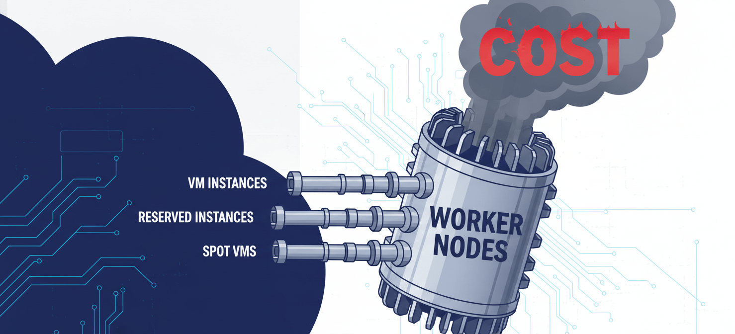 An illustration depicting worker nodes as the primary cost driver in an AKS cluster, with smaller elements representing different VM pricing models like Reserved Instances and Spot VMs influencing the overall compute expense.