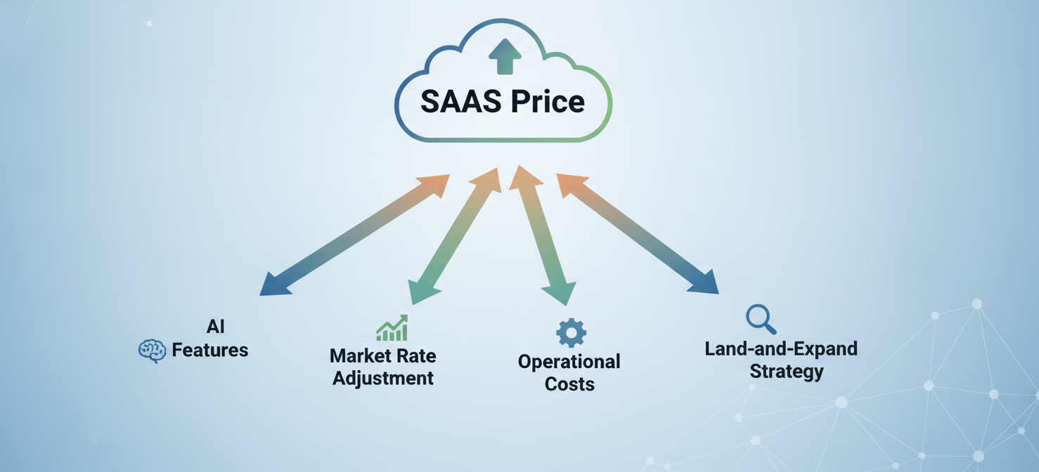 An illustration detailing the various reasons behind SaaS price hikes, including the integration of new AI features, general market rate adjustments, rising operational costs for vendors, and 'land-and-expand' pricing strategies.