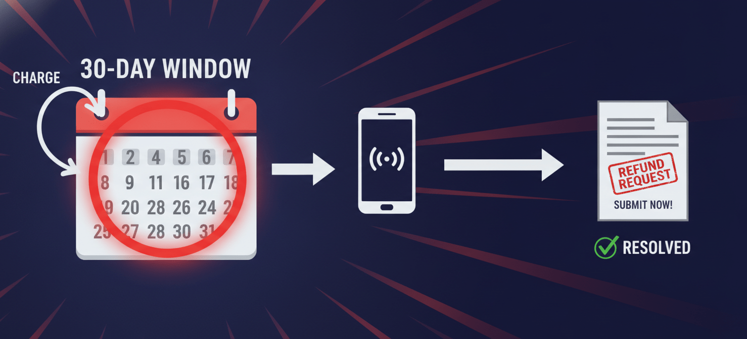 An illustration emphasizing the critical 30-day window for requesting a refund after an automatic renewal charge from Network Solutions, showing a phone for customer support and a document for the refund request process.