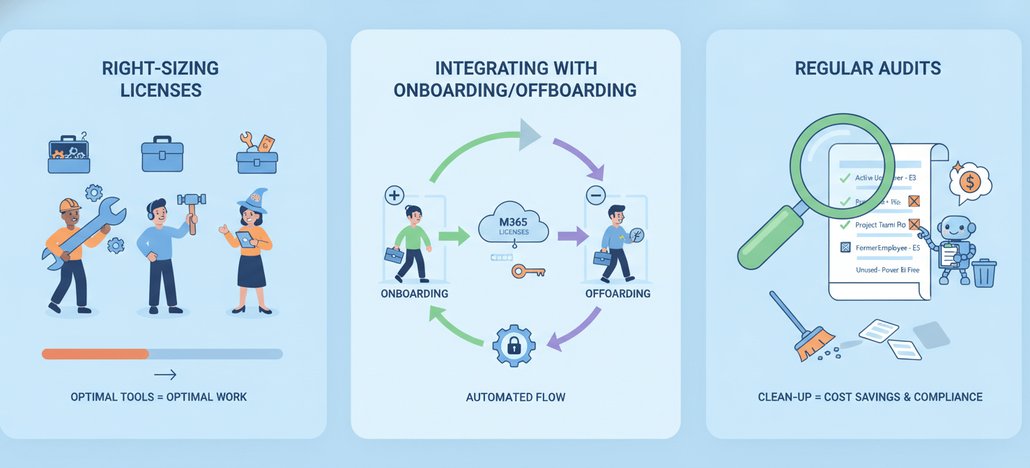 An illustration highlighting best practices for Microsoft 365 license management, including right-sizing licenses to user roles, integrating license assignment and reclamation with onboarding and offboarding processes, and conducting regular audits for clean-up and optimization.