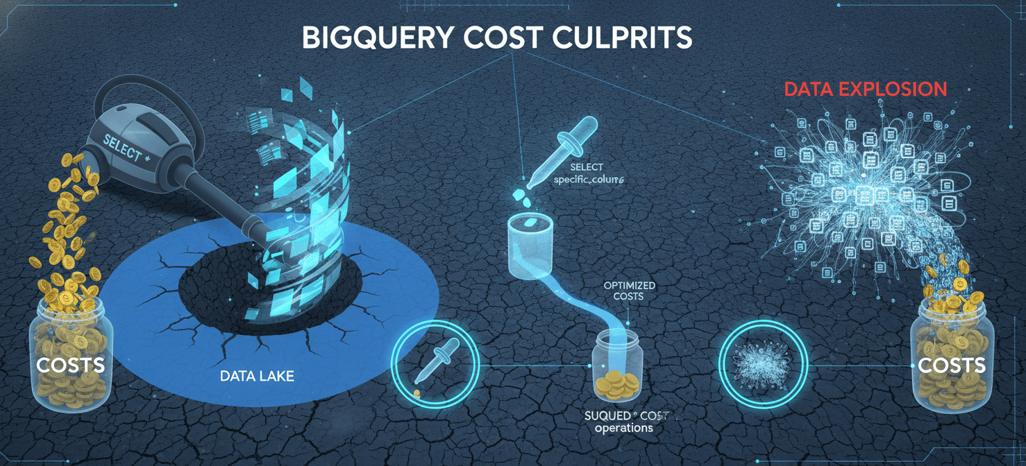 An illustration highlighting common BigQuery cost culprits: an inefficient `SELECT *` query scanning unnecessary data, and a complex `JOIN` operation leading to a data explosion. It contrasts these with optimized query patterns that prevent a GCP BigQuery cost spike.