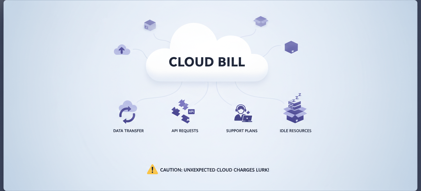 An illustration highlighting common hidden cloud costs such as data transfer fees, API request charges, support plan expenses, and the significant waste from idle or underutilized cloud resources that inflate monthly bills.